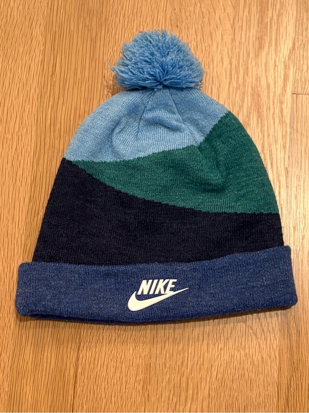 Nike Vintage Youth Color Block knit hat 3 blues and green w Pom/Embroidered Logo
